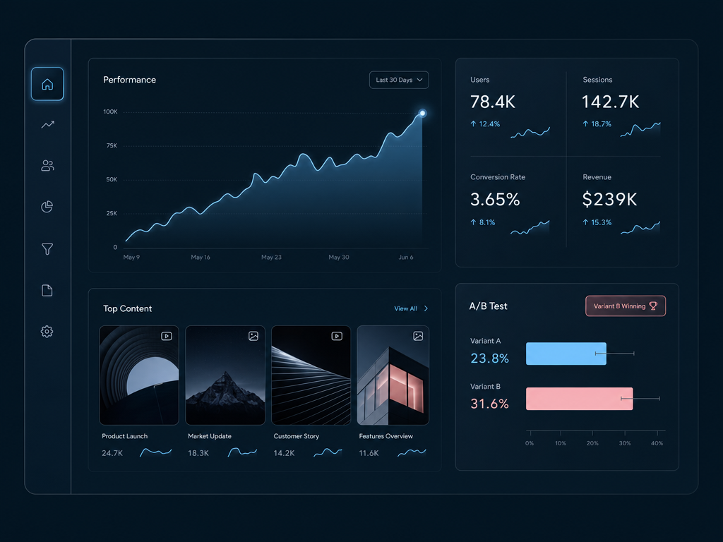 Social Listener and ad-plan dashboard showing trending content and an A/B ad plan