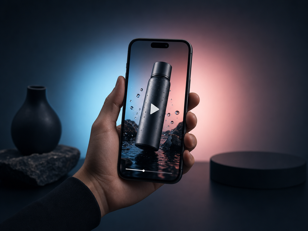 UGC Video Engine — a phone showing a natural short-form product video ready to post